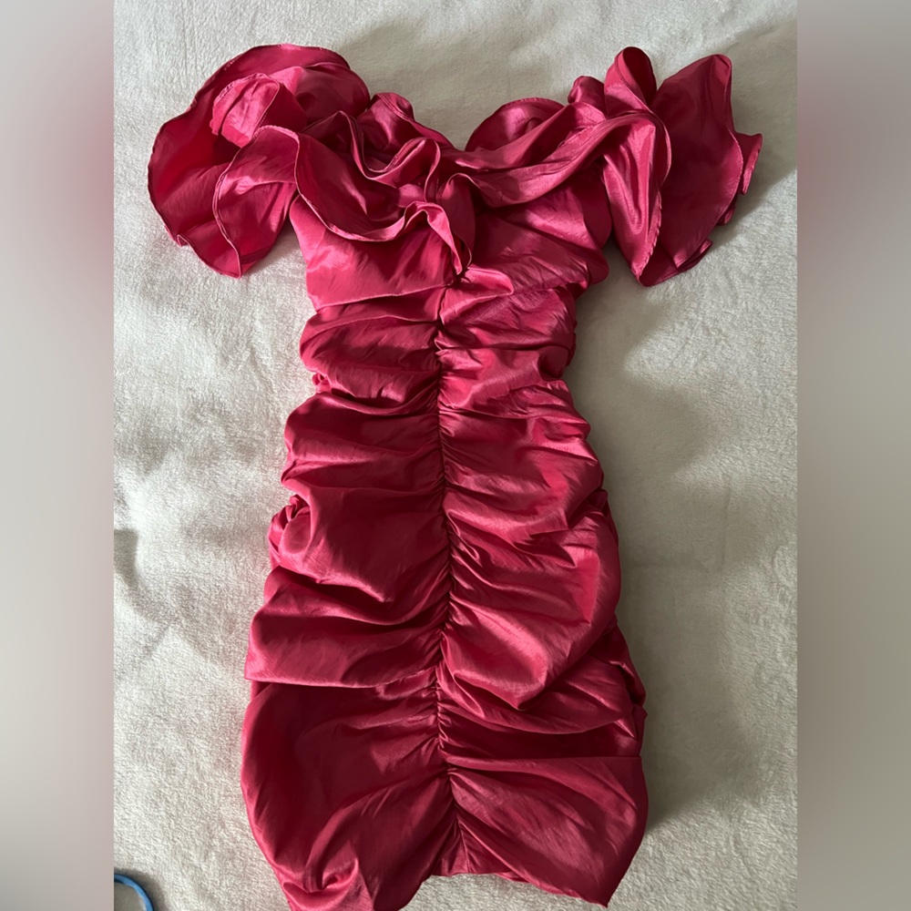 Oh Polly Satin Fuchsia Ruffle Ruched Mini Dress